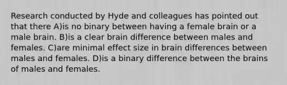 Research conducted by Hyde and colleagues has pointed out that there A)is no binary between having a female brain or a male brain. B)is a clear brain difference between males and females. C)are minimal effect size in brain differences between males and females. D)is a binary difference between the brains of males and females.