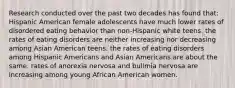 Research conducted over the past two decades has found that: Hispanic American female adolescents have much lower rates of disordered eating behavior than non-Hispanic white teens. the rates of eating disorders are neither increasing nor decreasing among Asian American teens. the rates of eating disorders among Hispanic Americans and Asian Americans are about the same. rates of anorexia nervosa and bulimia nervosa are increasing among young African American women.