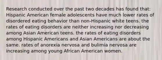 Research conducted over the past two decades has found that: Hispanic American female adolescents have much lower rates of disordered eating behavior than non-Hispanic white teens. the rates of eating disorders are neither increasing nor decreasing among Asian American teens. the rates of eating disorders among <a href='https://www.questionai.com/knowledge/kunkkmOH9Z-hispanic-americans' class='anchor-knowledge'>hispanic americans</a> and <a href='https://www.questionai.com/knowledge/kwuWh8Kr2I-asian-americans' class='anchor-knowledge'>asian americans</a> are about the same. rates of anorexia nervosa and bulimia nervosa are increasing among young African American women.