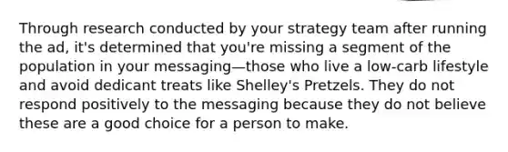 Through research conducted by your strategy team after running the ad, it's determined that you're missing a segment of the population in your messaging—those who live a low-carb lifestyle and avoid dedicant treats like Shelley's Pretzels. They do not respond positively to the messaging because they do not believe these are a good choice for a person to make.