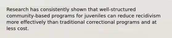 Research has consistently shown that well-structured community-based programs for juveniles can reduce recidivism more effectively than traditional correctional programs and at less cost.