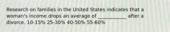 Research on families in the United States indicates that a woman's income drops an average of ____________ after a divorce. 10-15% 25-30% 40-50% 55-60%