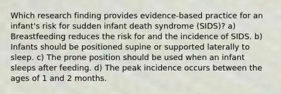 Which research finding provides evidence-based practice for an infant's risk for sudden infant death syndrome (SIDS)? a) Breastfeeding reduces the risk for and the incidence of SIDS. b) Infants should be positioned supine or supported laterally to sleep. c) The prone position should be used when an infant sleeps after feeding. d) The peak incidence occurs between the ages of 1 and 2 months.