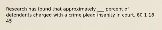 Research has found that approximately ___ percent of defendants charged with a crime plead insanity in court. 80 1 18 45