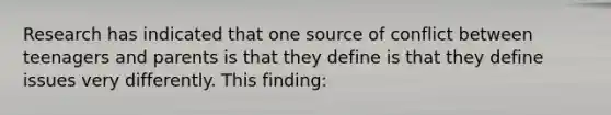 Research has indicated that one source of conflict between teenagers and parents is that they define is that they define issues very differently. This finding: