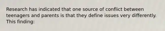 Research has indicated that one source of conflict between teenagers and parents is that they define issues very differently. This finding: