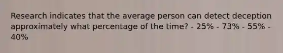 Research indicates that the average person can detect deception approximately what percentage of the time? - 25% - 73% - 55% - 40%