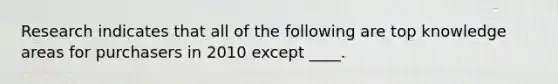 Research indicates that all of the following are top knowledge areas for purchasers in 2010 except ____.