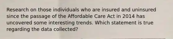 Research on those individuals who are insured and uninsured since the passage of the Affordable Care Act in 2014 has uncovered some interesting trends. Which statement is true regarding the data collected?