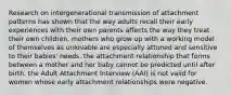 Research on intergenerational transmission of attachment patterns has shown that the way adults recall their early experiences with their own parents affects the way they treat their own children. mothers who grow up with a working model of themselves as unlovable are especially attuned and sensitive to their babies' needs. the attachment relationship that forms between a mother and her baby cannot be predicted until after birth. the Adult Attachment Interview (AAI) is not valid for women whose early attachment relationships were negative.