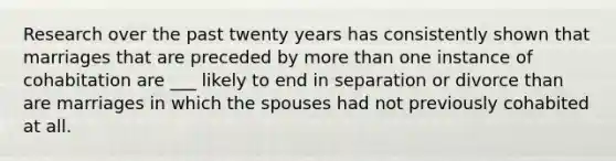 Research over the past twenty years has consistently shown that marriages that are preceded by more than one instance of cohabitation are ___ likely to end in separation or divorce than are marriages in which the spouses had not previously cohabited at all.