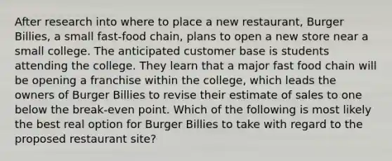 After research into where to place a new restaurant, Burger Billies, a small fast-food chain, plans to open a new store near a small college. The anticipated customer base is students attending the college. They learn that a major fast food chain will be opening a franchise within the college, which leads the owners of Burger Billies to revise their estimate of sales to one below the break-even point. Which of the following is most likely the best real option for Burger Billies to take with regard to the proposed restaurant site?