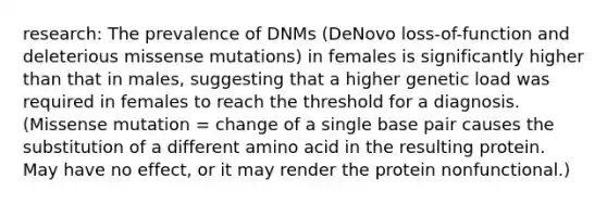 research: The prevalence of DNMs (DeNovo loss-of-function and deleterious missense mutations) in females is significantly higher than that in males, suggesting that a higher genetic load was required in females to reach the threshold for a diagnosis. (Missense mutation = change of a single base pair causes the substitution of a different amino acid in the resulting protein. May have no effect, or it may render the protein nonfunctional.)