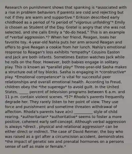 Research on punishment shows that spanking is *associated with a rise in problem behaviors if parents are cold and rejecting but not if they are warm and supportive.* Erikson described early childhood as a period of *a period of "vigorous unfolding"* Emily is chosen as Student of the Day. Gretel is angry that she was not selected, and she calls Emily a "do-do head." This is an example of *verbal aggression.*? When her friend, Reagan, loses her favorite toy, 4-year-old Nahla puts her arm around Reagan and offers to give Reagan a cookie from her lunch. Nahla's emotional response to Reagan's loss exhibits *empathy* Cousins Easton and Jack are both infants. Sometimes Easton watches Jack while he rolls on the floor. However, both babies engage in solitary play. This is known as *parallel play* Three-year-old Sasha makes a structure out of toy blocks. Sasha is engaging in *constructive* play. *Emotional competence* is vital for successful peer relationships and overall emotional health. According to Freud, children obey the *the superego* to avoid guilt. In the United States, _____ percent of television programs between 6 a.m. and 11 p.m. contain violent scenes. *57* Rhoda's parents frequently degrade her. They rarely listen to her point of view. They use force and punishment and sometime threaten withdrawal of affection. Rhoda's parents have a(n) __________ style of child rearing. *authoritarian* *authoritative* seems to foster a more positive, coherent early self-concept. Although verbal aggression is always *direct , physical and relational aggression* can be either direct or indirect. The case of David Reimer, the boy who was raised as a girl after a circumcision accident, demonstrates *the impact of genetic sex and prenatal hormones on a persons sense of self as male or female.*