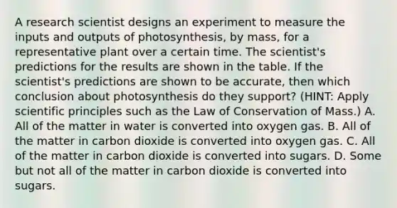 A research scientist designs an experiment to measure the inputs and outputs of photosynthesis, by mass, for a representative plant over a certain time. The scientist's predictions for the results are shown in the table. If the scientist's predictions are shown to be accurate, then which conclusion about photosynthesis do they support? (HINT: Apply scientific principles such as the Law of Conservation of Mass.) A. All of the matter in water is converted into oxygen gas. B. All of the matter in carbon dioxide is converted into oxygen gas. C. All of the matter in carbon dioxide is converted into sugars. D. Some but not all of the matter in carbon dioxide is converted into sugars.