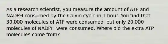 As a research scientist, you measure the amount of ATP and NADPH consumed by the Calvin cycle in 1 hour. You find that 30,000 molecules of ATP were consumed, but only 20,000 molecules of NADPH were consumed. Where did the extra ATP molecules come from?