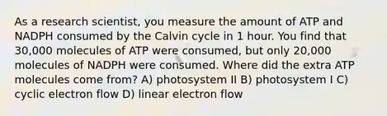 As a research scientist, you measure the amount of ATP and NADPH consumed by the Calvin cycle in 1 hour. You find that 30,000 molecules of ATP were consumed, but only 20,000 molecules of NADPH were consumed. Where did the extra ATP molecules come from? A) photosystem II B) photosystem I C) cyclic electron flow D) linear electron flow