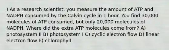 ) As a research scientist, you measure the amount of ATP and NADPH consumed by the Calvin cycle in 1 hour. You find 30,000 molecules of ATP consumed, but only 20,000 molecules of NADPH. Where did the extra ATP molecules come from? A) photosystem II B) photosystem I C) cyclic electron flow D) linear electron flow E) chlorophyll