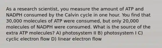 As a research scientist, you measure the amount of ATP and NADPH consumed by the Calvin cycle in one hour. You find that 30,000 molecules of ATP were consumed, but only 20,000 molecules of NADPH were consumed. What is the source of the extra ATP molecules? A) photosystem II B) photosystem I C) <a href='https://www.questionai.com/knowledge/ktXlRGlV4V-cyclic-electron-flow' class='anchor-knowledge'>cyclic electron flow</a> D) linear electron flow