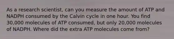 As a research scientist, can you measure the amount of ATP and NADPH consumed by the Calvin cycle in one hour. You find 30,000 molecules of ATP consumed, but only 20,000 molecules of NADPH. Where did the extra ATP molecules come from?