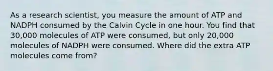 As a research scientist, you measure the amount of ATP and NADPH consumed by the Calvin Cycle in one hour. You find that 30,000 molecules of ATP were consumed, but only 20,000 molecules of NADPH were consumed. Where did the extra ATP molecules come from?