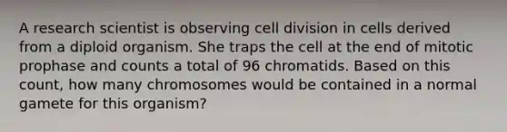 A research scientist is observing cell division in cells derived from a diploid organism. She traps the cell at the end of mitotic prophase and counts a total of 96 chromatids. Based on this count, how many chromosomes would be contained in a normal gamete for this organism?