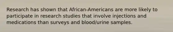 Research has shown that African-Americans are more likely to participate in research studies that involve injections and medications than surveys and blood/urine samples.