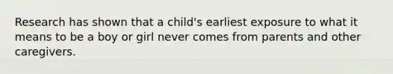 Research has shown that a child's earliest exposure to what it means to be a boy or girl never comes from parents and other caregivers.