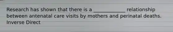Research has shown that there is a _____________ relationship between antenatal care visits by mothers and perinatal deaths. Inverse Direct