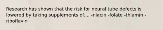 Research has shown that the risk for neural tube defects is lowered by taking supplements of.... -niacin -folate -thiamin -riboflavin