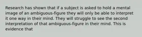 Research has shown that if a subject is asked to hold a mental image of an ambiguous-figure they will only be able to interpret it one way in their mind. They will struggle to see the second interpretation of that ambiguous-figure in their mind. This is evidence that