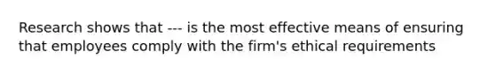 Research shows that --- is the most effective means of ensuring that employees comply with the firm's ethical requirements