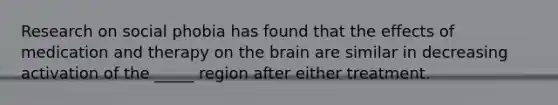 Research on social phobia has found that the effects of medication and therapy on the brain are similar in decreasing activation of the _____ region after either treatment.