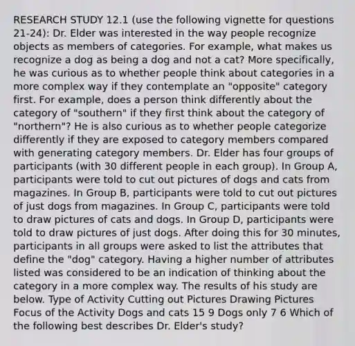 RESEARCH STUDY 12.1 (use the following vignette for questions 21-24): Dr. Elder was interested in the way people recognize objects as members of categories. For example, what makes us recognize a dog as being a dog and not a cat? More specifically, he was curious as to whether people think about categories in a more complex way if they contemplate an "opposite" category first. For example, does a person think differently about the category of "southern" if they first think about the category of "northern"? He is also curious as to whether people categorize differently if they are exposed to category members compared with generating category members. Dr. Elder has four groups of participants (with 30 different people in each group). In Group A, participants were told to cut out pictures of dogs and cats from magazines. In Group B, participants were told to cut out pictures of just dogs from magazines. In Group C, participants were told to draw pictures of cats and dogs. In Group D, participants were told to draw pictures of just dogs. After doing this for 30 minutes, participants in all groups were asked to list the attributes that define the "dog" category. Having a higher number of attributes listed was considered to be an indication of thinking about the category in a more complex way. The results of his study are below. Type of Activity Cutting out Pictures Drawing Pictures Focus of the Activity Dogs and cats 15 9 Dogs only 7 6 Which of the following best describes Dr. Elder's study?