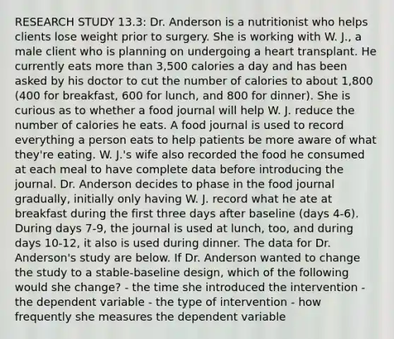 RESEARCH STUDY 13.3: Dr. Anderson is a nutritionist who helps clients lose weight prior to surgery. She is working with W. J., a male client who is planning on undergoing a heart transplant. He currently eats more than 3,500 calories a day and has been asked by his doctor to cut the number of calories to about 1,800 (400 for breakfast, 600 for lunch, and 800 for dinner). She is curious as to whether a food journal will help W. J. reduce the number of calories he eats. A food journal is used to record everything a person eats to help patients be more aware of what they're eating. W. J.'s wife also recorded the food he consumed at each meal to have complete data before introducing the journal. Dr. Anderson decides to phase in the food journal gradually, initially only having W. J. record what he ate at breakfast during the first three days after baseline (days 4-6). During days 7-9, the journal is used at lunch, too, and during days 10-12, it also is used during dinner. The data for Dr. Anderson's study are below. If Dr. Anderson wanted to change the study to a stable-baseline design, which of the following would she change? - the time she introduced the intervention - the dependent variable - the type of intervention - how frequently she measures the dependent variable