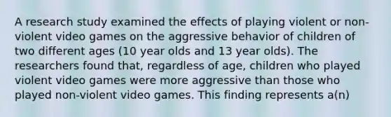 A research study examined the effects of playing violent or non-violent video games on the aggressive behavior of children of two different ages (10 year olds and 13 year olds). The researchers found that, regardless of age, children who played violent video games were more aggressive than those who played non-violent video games. This finding represents a(n)