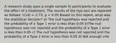 A research study uses a single sample fo participants to evaluate the effect of a treatment. The results of the hyp test are reported as follows: t(14) = 2.73, p < 0.05 Based on this report, what was the statistical decision? a) The null hypothesis was rejected and the probability of a Type 1 error is less than 0.05 b)The null hypothesis was not rejected and the probability of a Type 1 error is less than 0.05 c) The null hypothesis was not rejected and the probability of a Type 2 error is less than 0.05 d) Not enough info