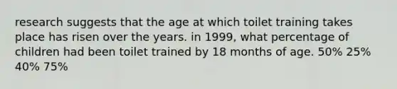 research suggests that the age at which toilet training takes place has risen over the years. in 1999, what percentage of children had been toilet trained by 18 months of age. 50% 25% 40% 75%