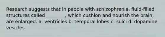 Research suggests that in people with schizophrenia, fluid-filled structures called ________, which cushion and nourish the brain, are enlarged. a. ventricles b. temporal lobes c. sulci d. dopamine vesicles