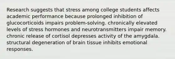 Research suggests that stress among college students affects academic performance because prolonged inhibition of glucocorticoids impairs problem-solving. chronically elevated levels of stress hormones and neurotransmitters impair memory. chronic release of cortisol depresses activity of the amygdala. structural degeneration of brain tissue inhibits emotional responses.