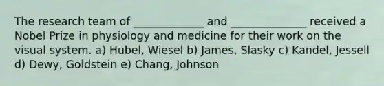 The research team of _____________ and ______________ received a Nobel Prize in physiology and medicine for their work on the visual system. a) Hubel, Wiesel b) James, Slasky c) Kandel, Jessell d) Dewy, Goldstein e) Chang, Johnson