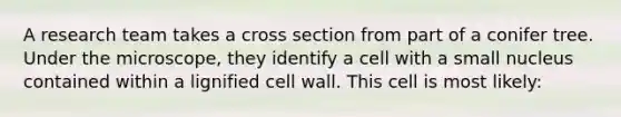 A research team takes a cross section from part of a conifer tree. Under the microscope, they identify a cell with a small nucleus contained within a lignified cell wall. This cell is most likely: