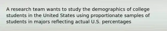 A research team wants to study the demographics of college students in the United States using proportionate samples of students in majors reflecting actual U.S. percentages