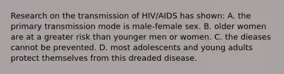 Research on the transmission of HIV/AIDS has shown: A. the primary transmission mode is male-female sex. B. older women are at a greater risk than younger men or women. C. the dieases cannot be prevented. D. most adolescents and young adults protect themselves from this dreaded disease.