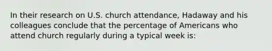 In their research on U.S. church attendance, Hadaway and his colleagues conclude that the percentage of Americans who attend church regularly during a typical week is: