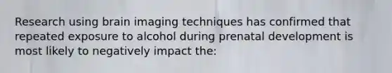 Research using brain imaging techniques has confirmed that repeated exposure to alcohol during prenatal development is most likely to negatively impact the: