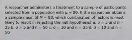 A researcher administers a treatment to a sample of participants selected from a population with μ = 80. If the researcher obtains a sample mean of M = 88, which combination of factors is most likely to result in rejecting the null hypothesis? a. σ = 5 and n = 25 b. σ = 5 and n = 50 c. σ = 10 and n = 25 d. σ = 10 and n = 50