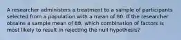 A researcher administers a treatment to a sample of participants selected from a population with a mean of 80. If the researcher obtains a sample mean of 88, which combination of factors is most likely to result in rejecting the null hypothesis?