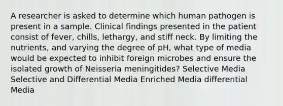 A researcher is asked to determine which human pathogen is present in a sample. Clinical findings presented in the patient consist of fever, chills, lethargy, and stiff neck. By limiting the nutrients, and varying the degree of pH, what type of media would be expected to inhibit foreign microbes and ensure the isolated growth of Neisseria meningitides? Selective Media Selective and Differential Media Enriched Media differential Media