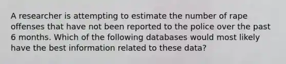 A researcher is attempting to estimate the number of rape offenses that have not been reported to the police over the past 6 months. Which of the following databases would most likely have the best information related to these data?